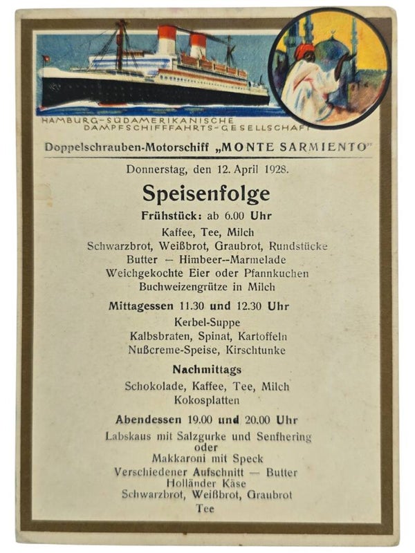 Original German Postcard - HSDG Hamburg-Süd, MS Monte Sarmiento menu card (1928)
