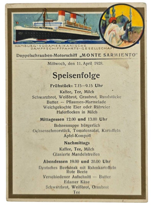 Original German Postcard - HSDG Hamburg-Süd, MS Monte Sarmiento menu card (1928)