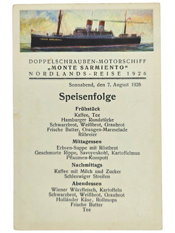 Original German Postcard - HSDG Hamburg-Süd, MS Monte Sarmiento menu card (1926)