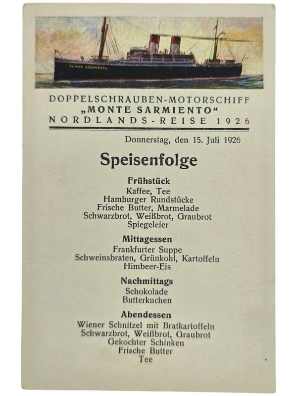 Original German Postcard - HSDG Hamburg-Süd, MS Monte Sarmiento menu card (1926)