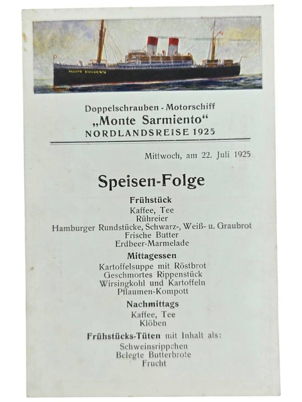 Original German Postcard - HSDG Hamburg-Süd, MS Monte Sarmiento menu card (1926)
