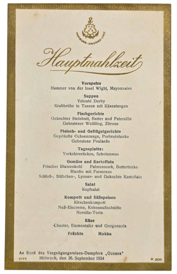 Original WW2 German Document - HAPAG Hamburg Amerika Linie, SS Oceana, menu card (1934)