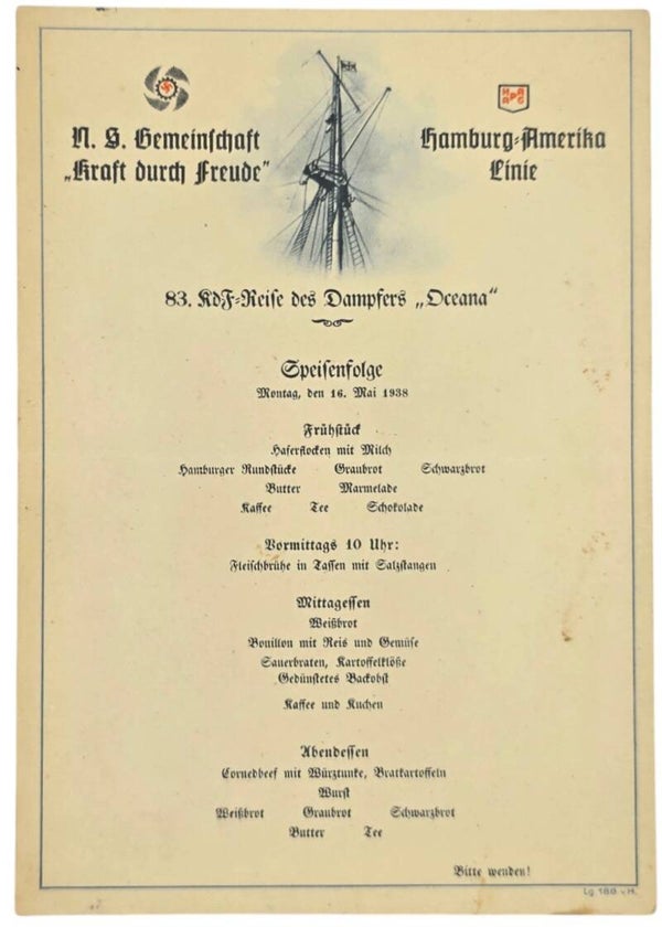 Original WW2 German KDF Document - NS Gemeinschaft Kraft Durch Freude, HAPAG SS Oceana, menu card (1938)