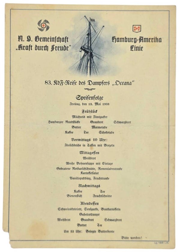 Original WW2 German KDF Document - NS Gemeinschaft Kraft Durch Freude, HAPAG SS Oceana, menu card (1938)