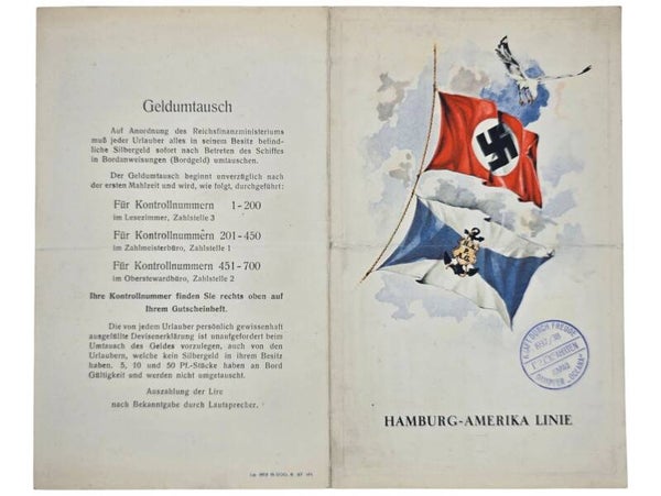 Original WW2 German KDF Document - NS Gemeinschaft Kraft Durch Freude, HAPAG SS Oceana, menu card (1938)