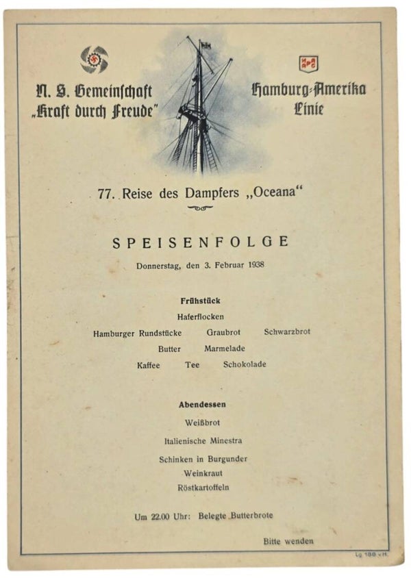 Original WW2 German KDF Document - NS Gemeinschaft Kraft Durch Freude, HAPAG SS Oceana, menu card (1938)