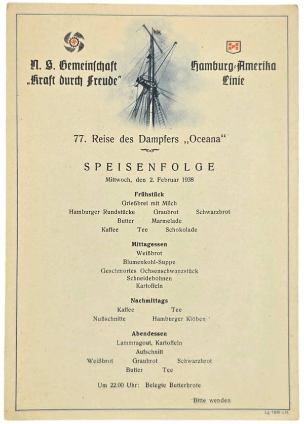 Original WW2 German KDF Document - NS Gemeinschaft Kraft Durch Freude, HAPAG SS Oceana, menu card (1938)