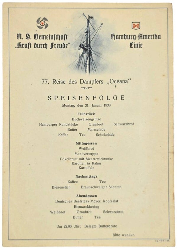 Original WW2 German KDF Document - NS Gemeinschaft Kraft Durch Freude, HAPAG SS Oceana, menu card (1938)