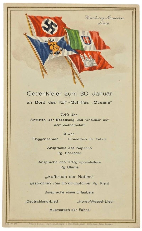 Original WW2 German KDF Document - NS Gemeinschaft Kraft Durch Freude, HAPAG SS Oceana, Remembrance of Hitler's inauguration (1938)
