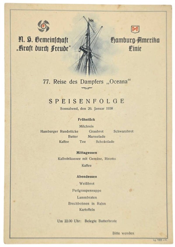 Original WW2 German KDF Document - NS Gemeinschaft Kraft Durch Freude, HAPAG SS Oceana, menu card (1938)