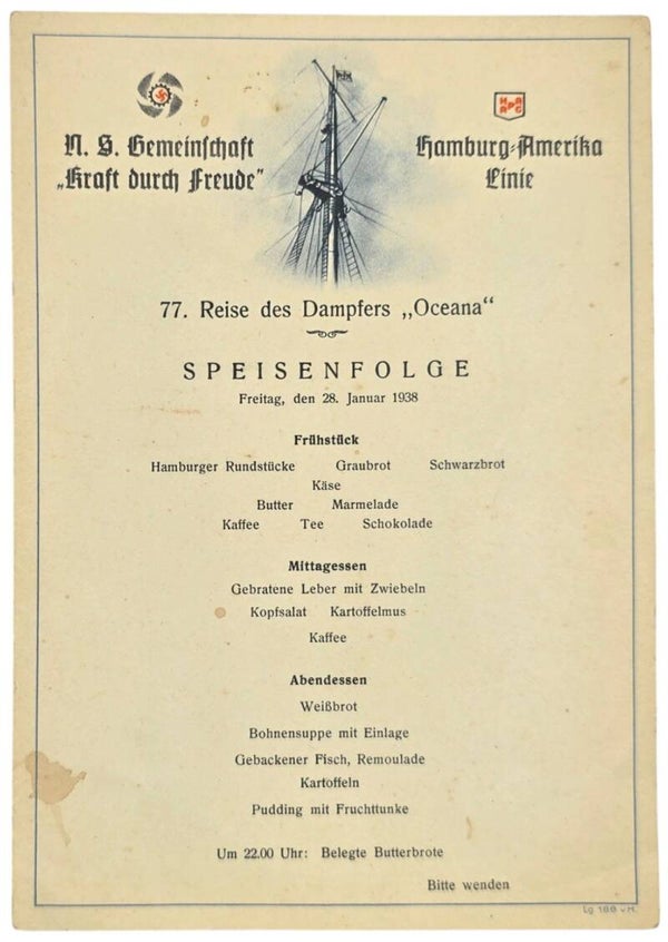 Original WW2 German KDF Document - NS Gemeinschaft Kraft Durch Freude, HAPAG SS Oceana, menu card (1938)