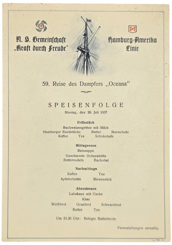 Original WW2 German KDF Document - NS Gemeinschaft Kraft Durch Freude, HAPAG SS Oceana, menu card (1937)