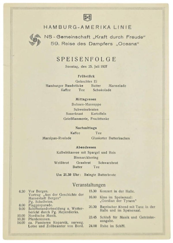 Original WW2 German KDF Document - NS Gemeinschaft Kraft Durch Freude, HAPAG SS Oceana, menu card (1937)