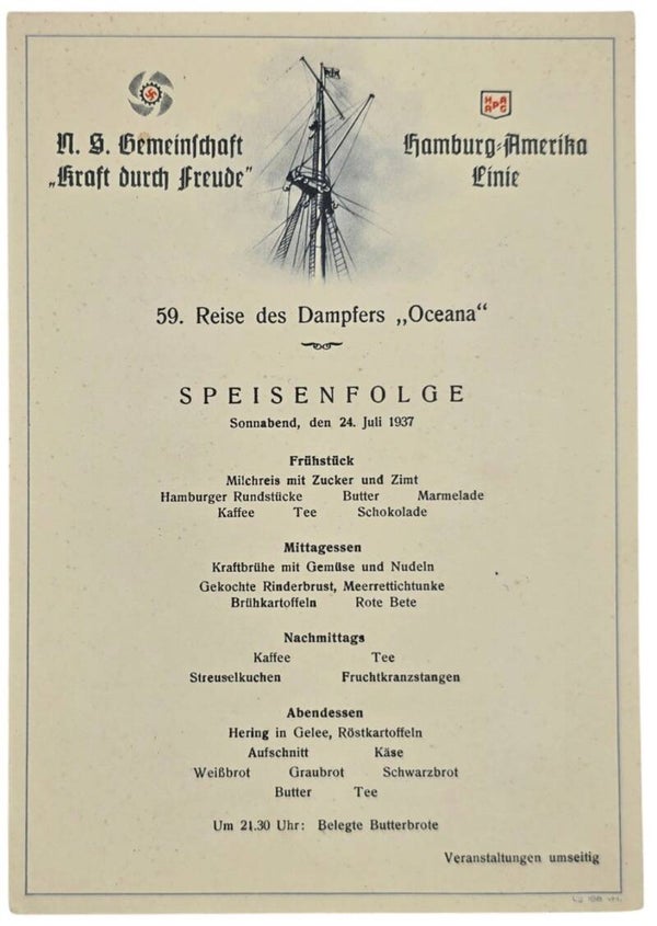 Original WW2 German KDF Document - NS Gemeinschaft Kraft Durch Freude, HAPAG SS Oceana, menu card (1937)