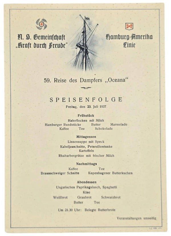 Original WW2 German KDF Document - NS Gemeinschaft Kraft Durch Freude, HAPAG SS Oceana, menu card (1937)