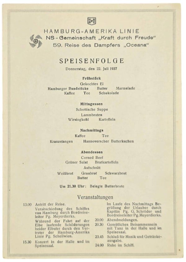 Original WW2 German KDF Document - NS Gemeinschaft Kraft Durch Freude, HAPAG SS Oceana, menu card (1937)