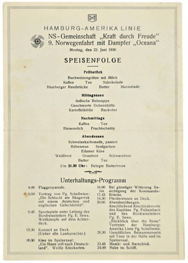 Original WW2 German KDF Document - NS Gemeinschaft Kraft Durch Freude, HAPAG SS Oceana, menu card (1936)