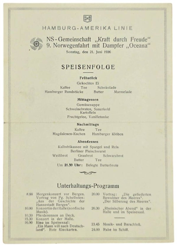Original WW2 German KDF Document - NS Gemeinschaft Kraft Durch Freude, HAPAG SS Oceana, menu card (1936)