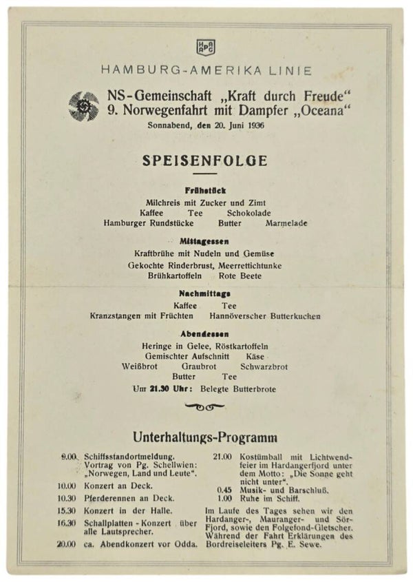 Original WW2 German KDF Document - NS Gemeinschaft Kraft Durch Freude, HAPAG SS Oceana, menu card (1936)