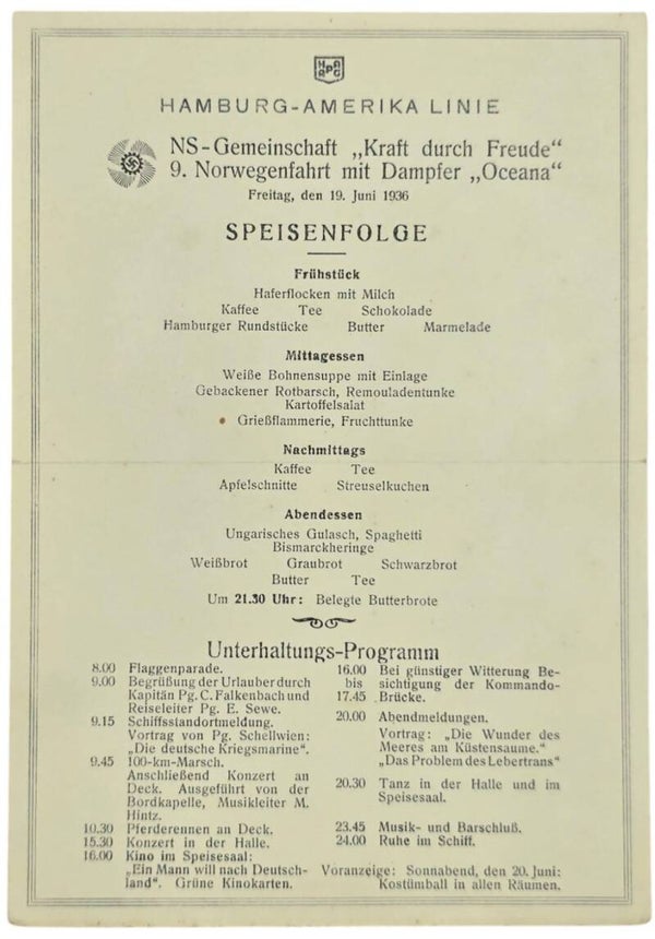 Original WW2 German KDF Document - NS Gemeinschaft Kraft Durch Freude, HAPAG SS Oceana, menu card (1936)