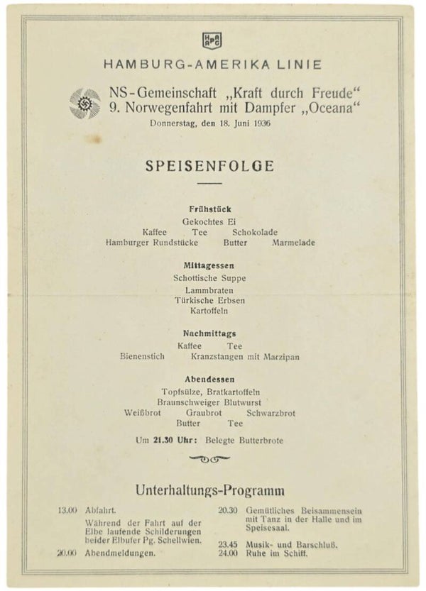 Original WW2 German KDF Document - NS Gemeinschaft Kraft Durch Freude, HAPAG SS Oceana, menu card (1936)