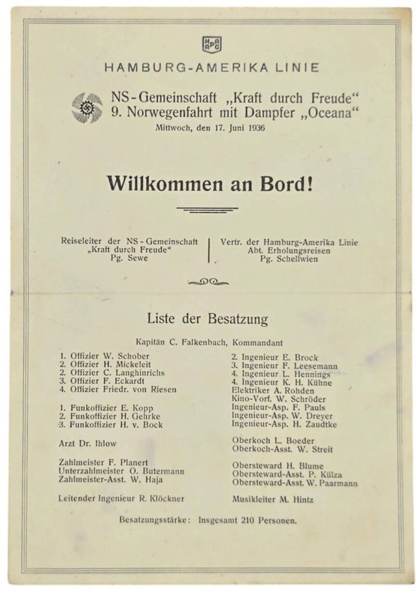 Original WW2 German KDF Document - NS Gemeinschaft Kraft Durch Freude, HAPAG SS Oceana, menu card (1936)