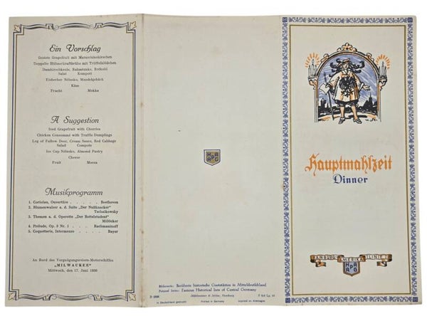 Original WW2 German Document - HAPAG Hamburg-Amerika Linie, MS Milwaukee, menu card (1936)