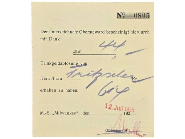 Original WW2 German Document - HAPAG Hamburg-Amerika Linie, MS Milwaukee, Trinkgeld receipt (1935)
