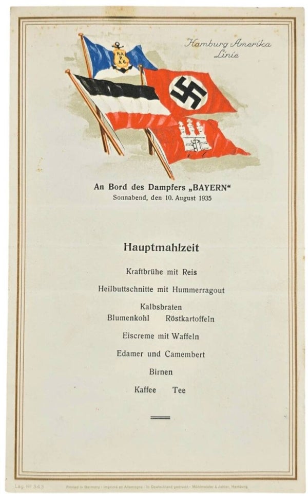 Original WW2 German Document - HAPAG Hamburg-Amerika Linie, SS Bayern, Menu card (1935)