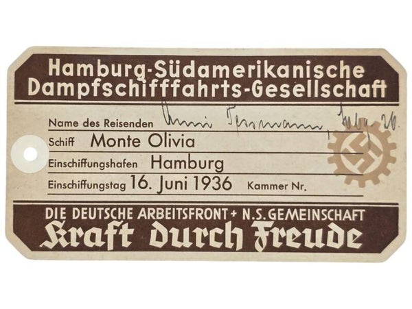 Original WW2 German Document - NS Gemeinschaft Kraft durch Freude HSDG, SS Monte Olivia, suitcase label (1936)