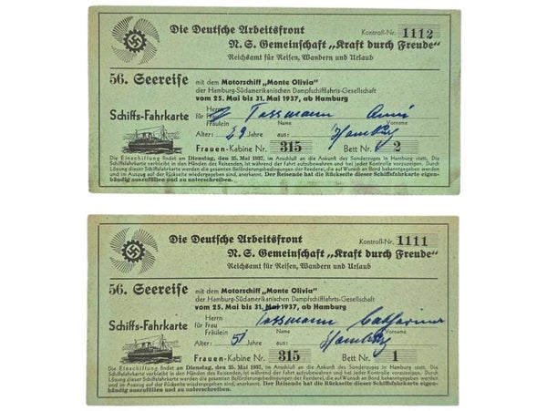 Original WW2 German KDF Document - NS Gemeinschaft Kraft durch Freude HSDG, SS Monte Olivia, Schiffs-Fahrkarte (1937)