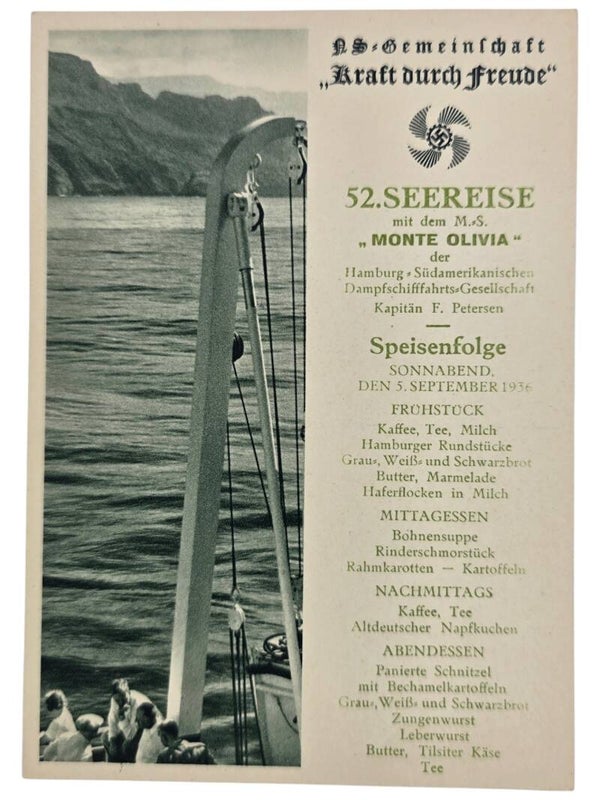 Original WW2 German KDF Postcard - NS Gemeinschaft Kraft durch Freude HSDG, SS Monte Olivia, menu card (1936)