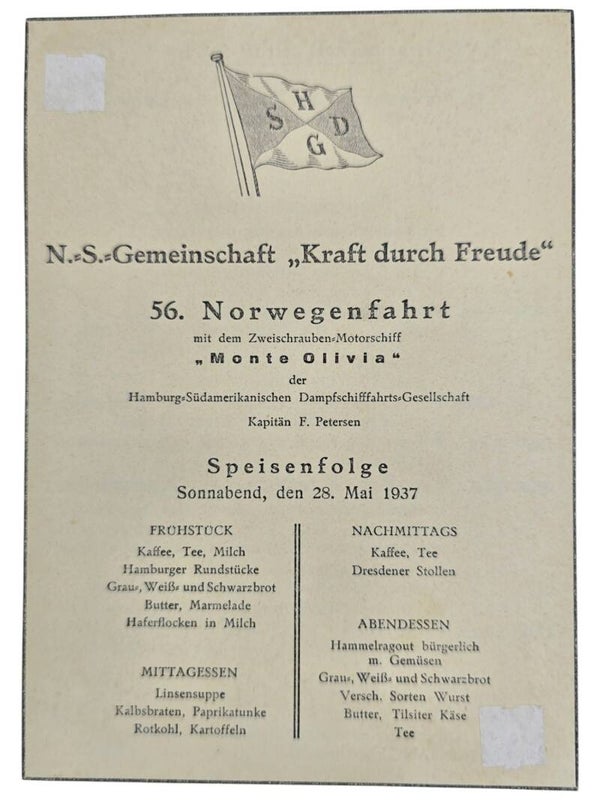 Original WW2 German KDF Document - NS Gemeinschaft Kraft durch Freude HSDG, SS Monte Olivia, menu card, Norway (1937)