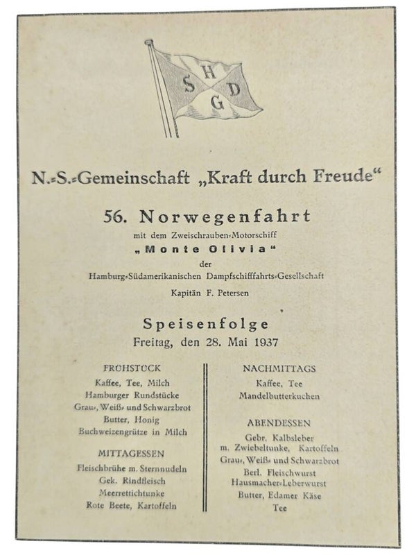 Original WW2 German KDF Document - NS Gemeinschaft Kraft durch Freude HSDG, SS Monte Olivia, menu card, Norway (1937)