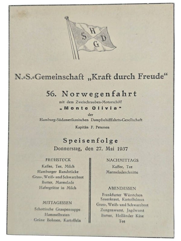 Original WW2 German KDF Document - NS Gemeinschaft Kraft durch Freude HSDG, SS Monte Olivia, menu card, Norway (1937)
