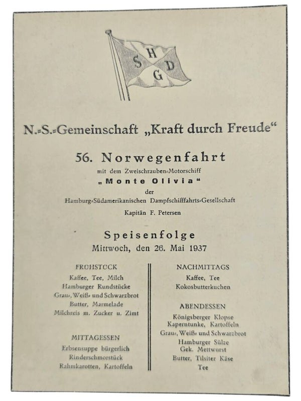 Original WW2 German KDF Document - NS Gemeinschaft Kraft durch Freude HSDG, SS Monte Olivia, menu card, Norway (1937)
