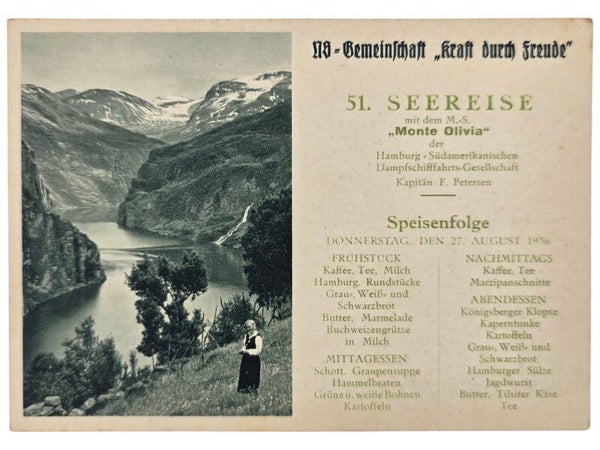 Original WW2 German KDF Postcard - NS Gemeinschaft Kraft durch Freude HSDG, SS Monte Olivia, menu card (1936)