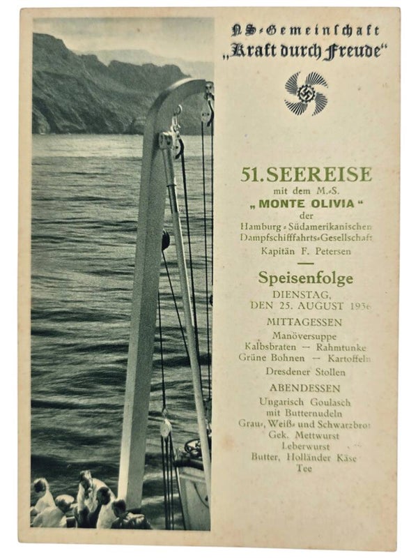 Original WW2 German KDF Postcard - NS Gemeinschaft Kraft durch Freude HSDG, SS Monte Olivia, menu card (1936)
