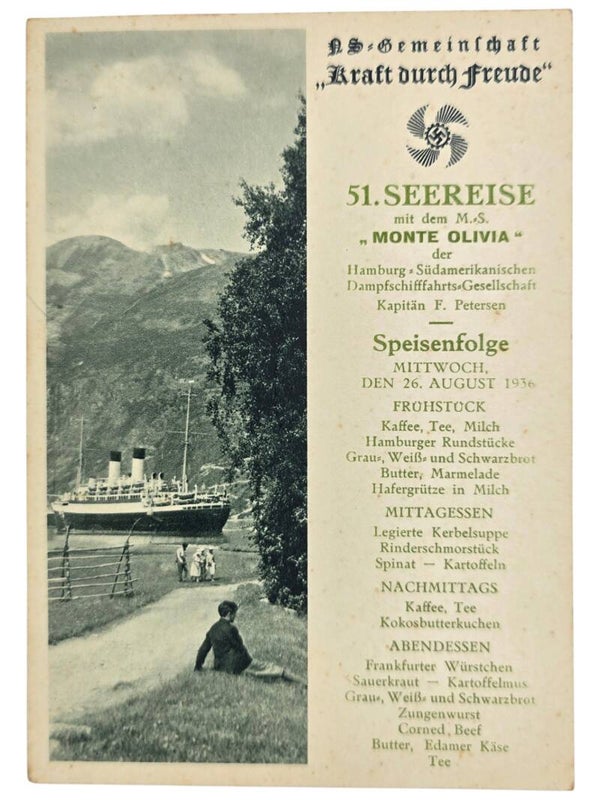 Original WW2 German KDF Postcard - NS Gemeinschaft Kraft durch Freude HSDG, SS Monte Olivia, menu card (1936)