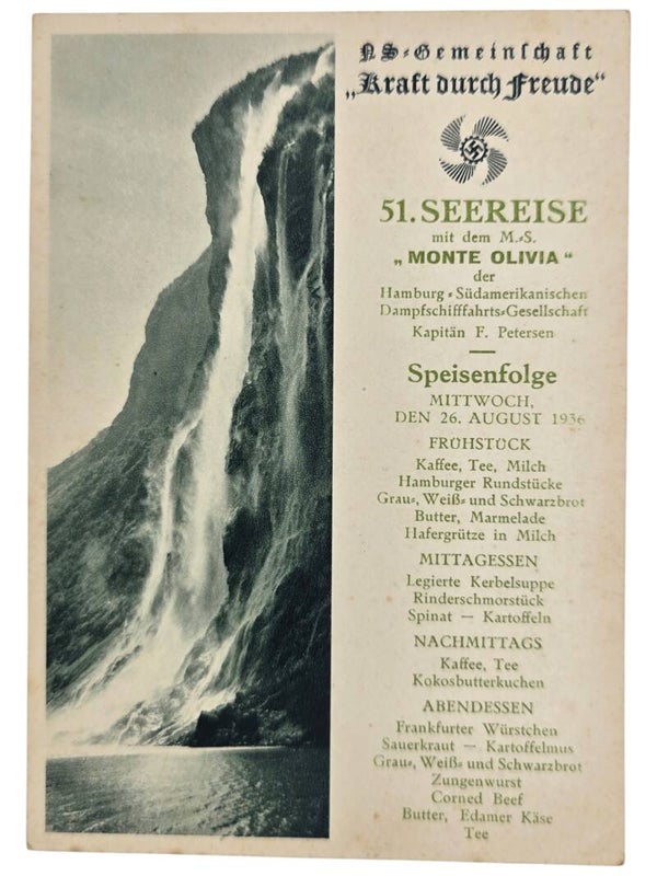 Original WW2 German KDF Postcard - NS Gemeinschaft Kraft durch Freude HSDG, SS Monte Olivia, menu card (1936)