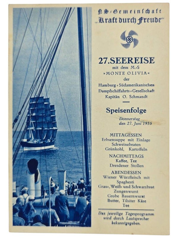Original WW2 German KDF Postcard - NS Gemeinschaft Kraft durch Freude HSDG, SS Monte Olivia, menu card (1935)