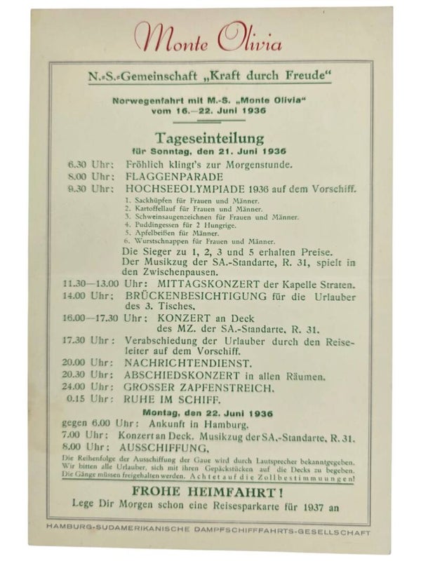 Original WW2 German KDF Document - NS Gemeinschaft Kraft durch Freude HSDG, SS Monte Olivia, menu card (1936)