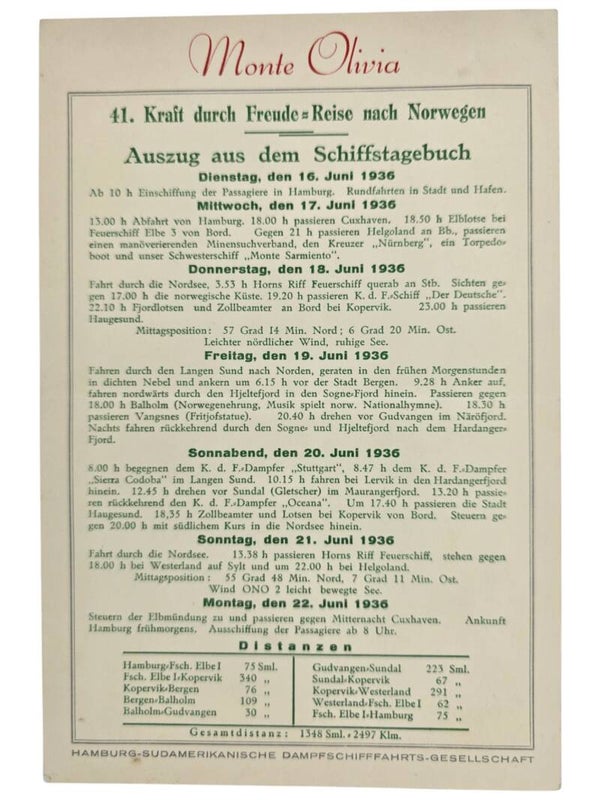 Original WW2 German KDF Document - NS Gemeinschaft Kraft durch Freude HSDG, SS Monte Olivia, menu card (1936)