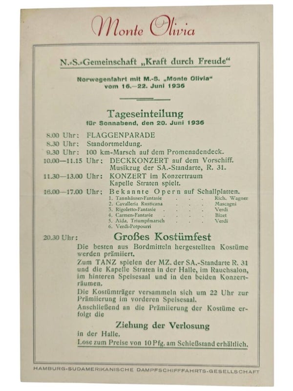 Original WW2 German KDF Document - NS Gemeinschaft Kraft durch Freude HSDG, SS Monte Olivia, menu card (1936)