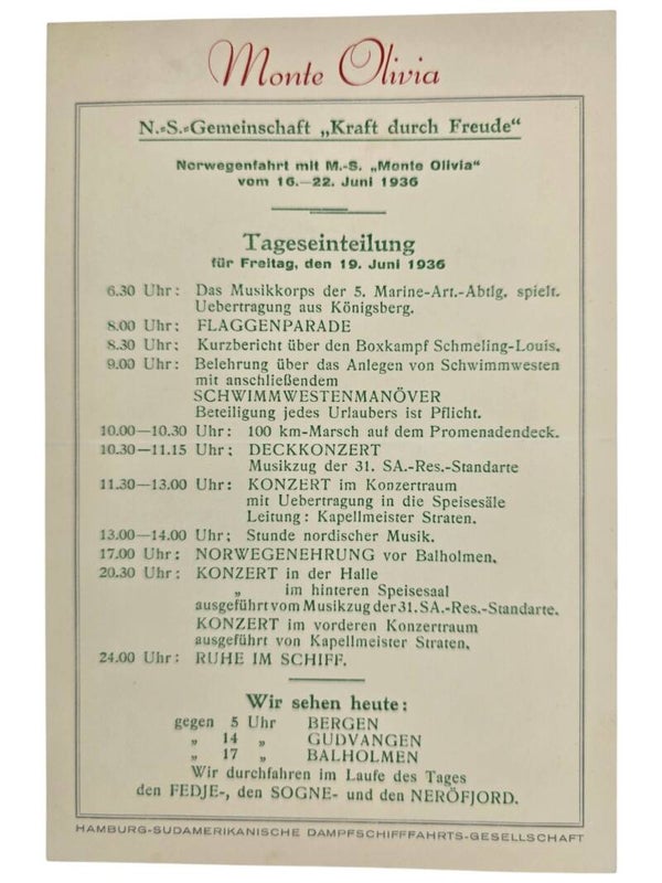 Original WW2 German KDF Document - NS Gemeinschaft Kraft durch Freude HSDG, SS Monte Olivia, menu card (1936)