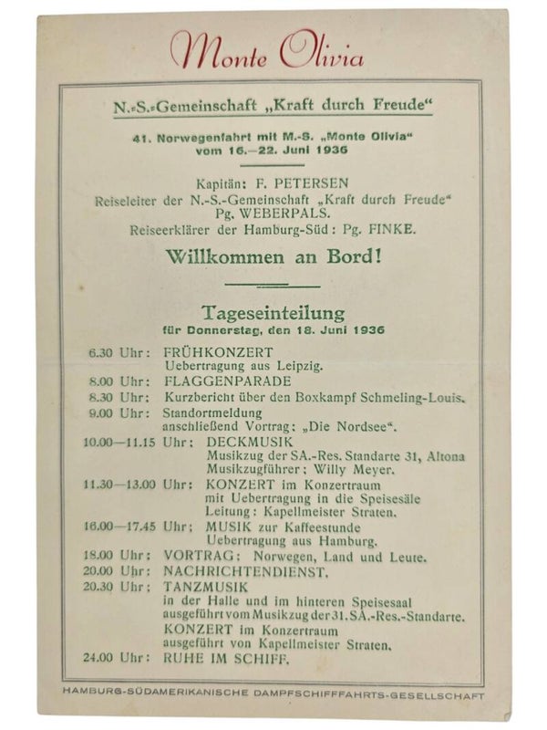 Original WW2 German KDF Document - NS Gemeinschaft Kraft durch Freude HSDG, SS Monte Olivia, menu card (1936)