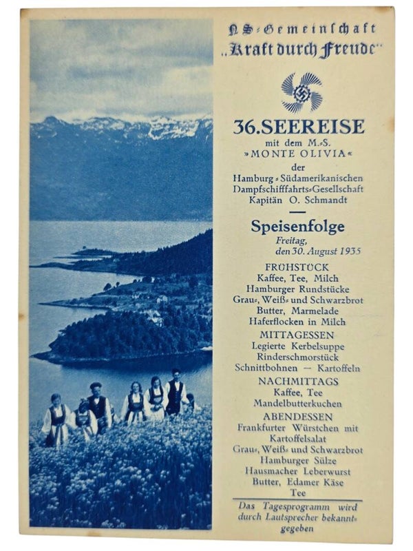 Original WW2 German KDF Postcard - NS Gemeinschaft Kraft durch Freude HSDG, SS Monte Olivia, menu card (1935)