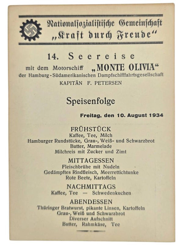 Original WW2 German KDF Postcard - NS Gemeinschaft Kraft durch Freude HSDG, SS Monte Olivia, menu card (1934)