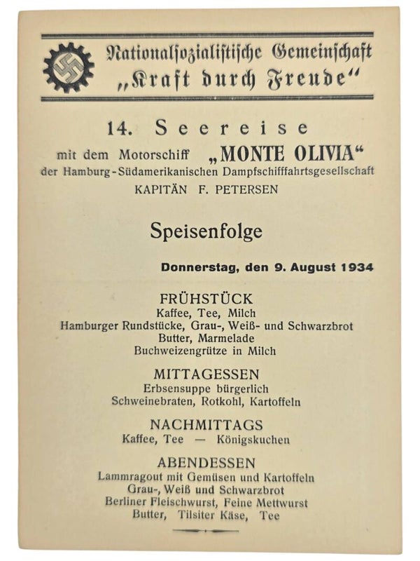 Original WW2 German KDF Postcard - NS Gemeinschaft Kraft durch Freude HSDG, SS Monte Olivia, menu card (1934)