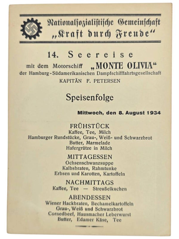 Original WW2 German KDF Postcard - NS Gemeinschaft Kraft durch Freude HSDG, SS Monte Olivia, menu card (1934)